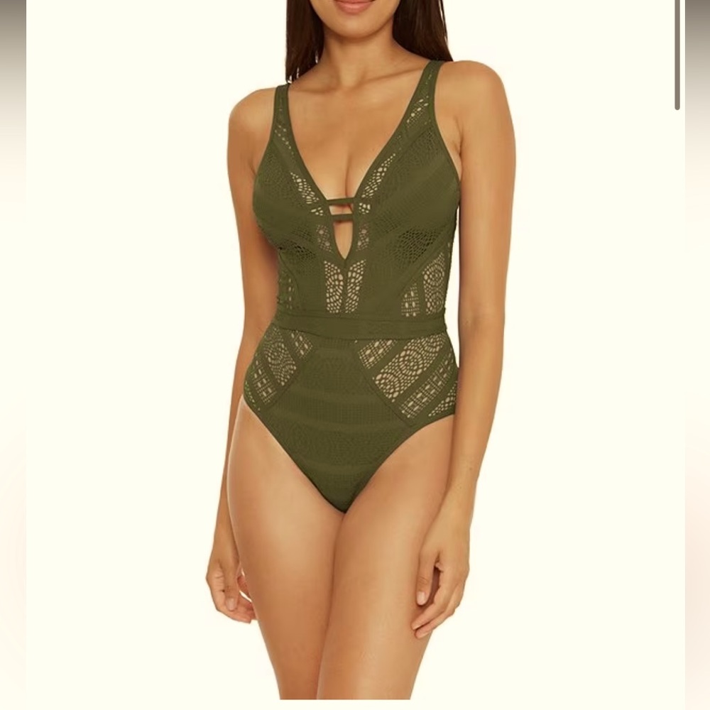 NWT - BECCA Olive Crotchet Plunging V-Neck One Piece Swimsuit